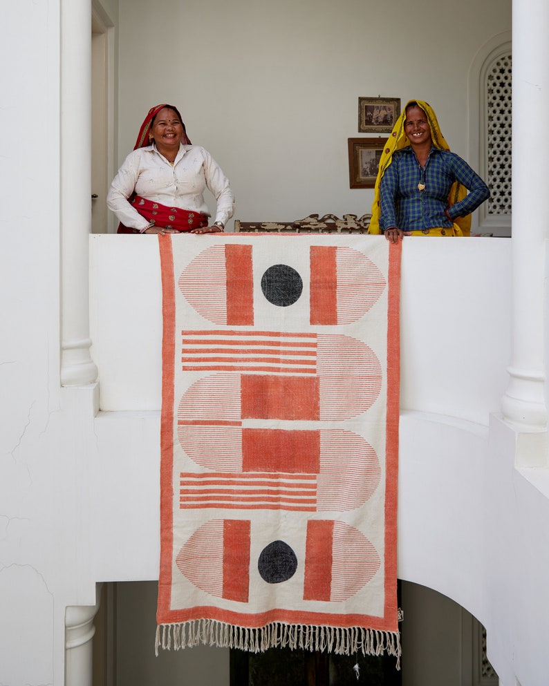 Handmade Block Print Cotton Rug: Bauhaus Abstract Design