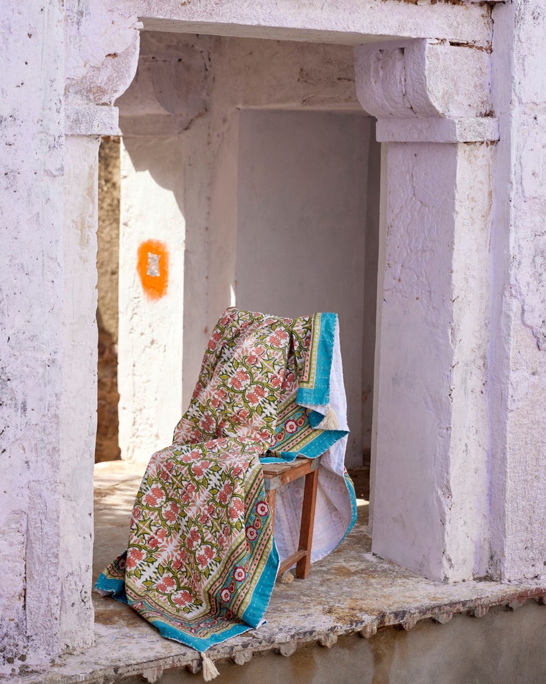 Floral Kantha Throw Blanket: Hand Block Printed Indian Cotton Quilt