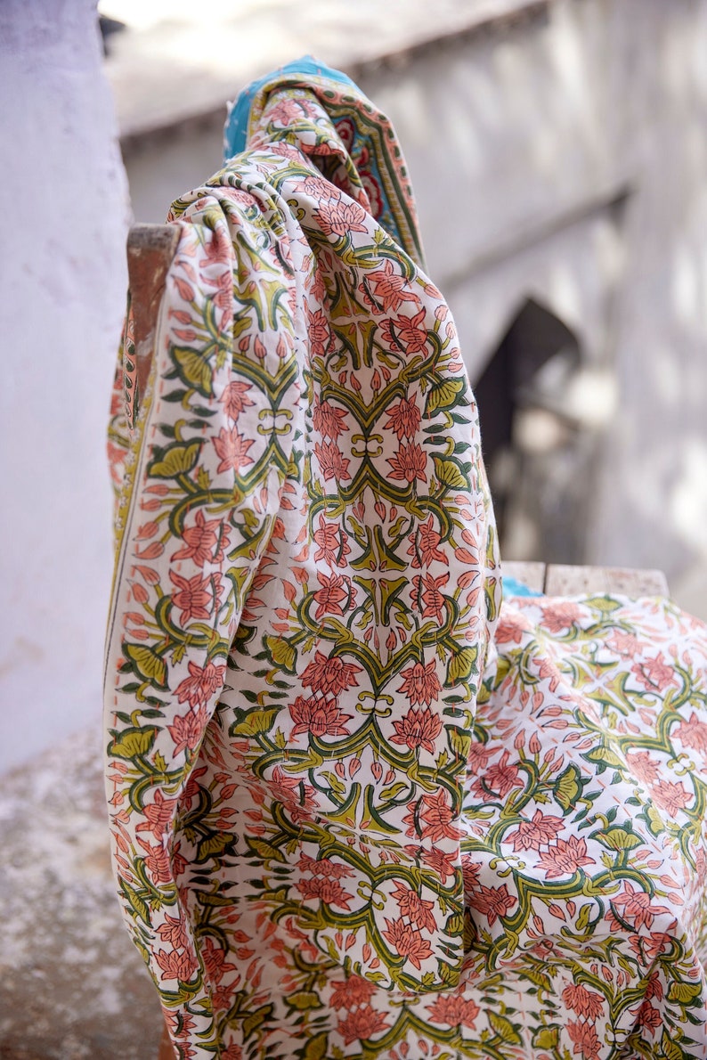 Floral Kantha Throw Blanket: Hand Block Printed Indian Cotton Quilt