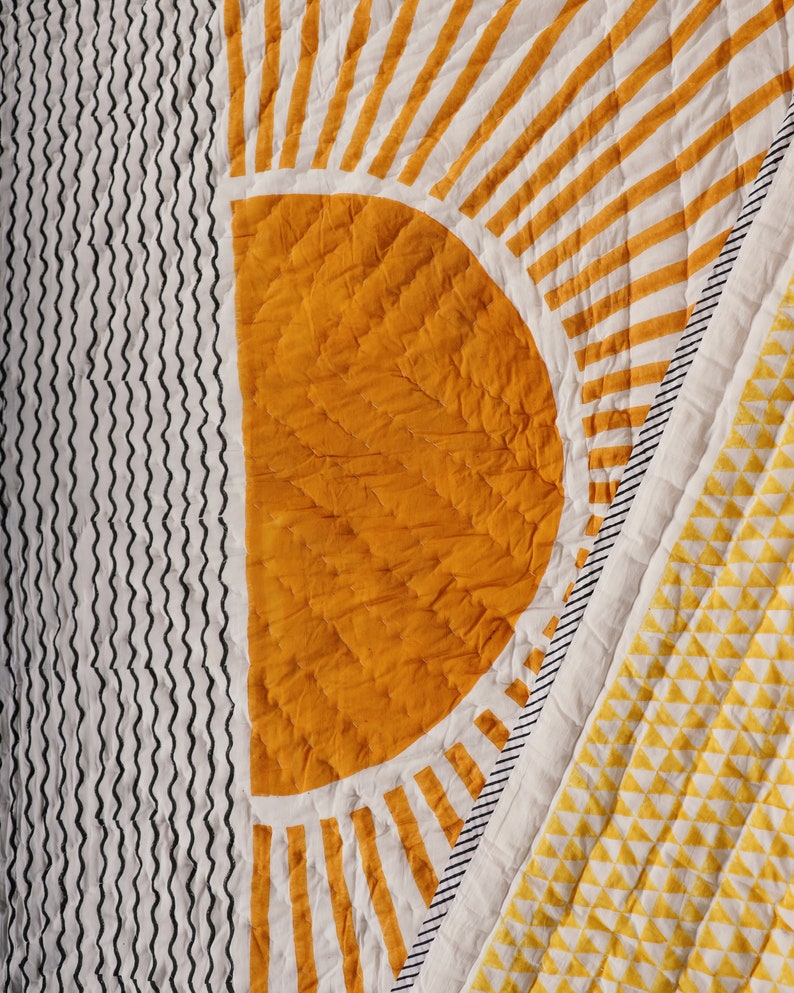 Handmade Kantha Stitch Quilt: Reversible Sun & Starry Night Cotton Bedding