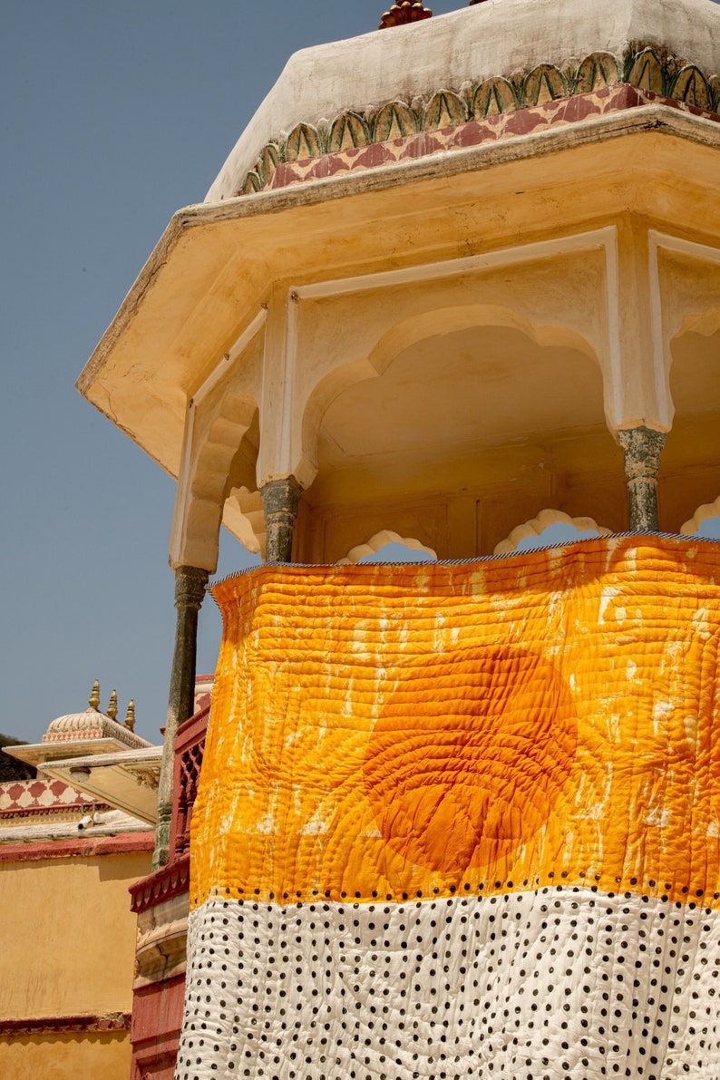 Handmade Block Printed Cotton Quilt: Reversible Kantha Bedspread