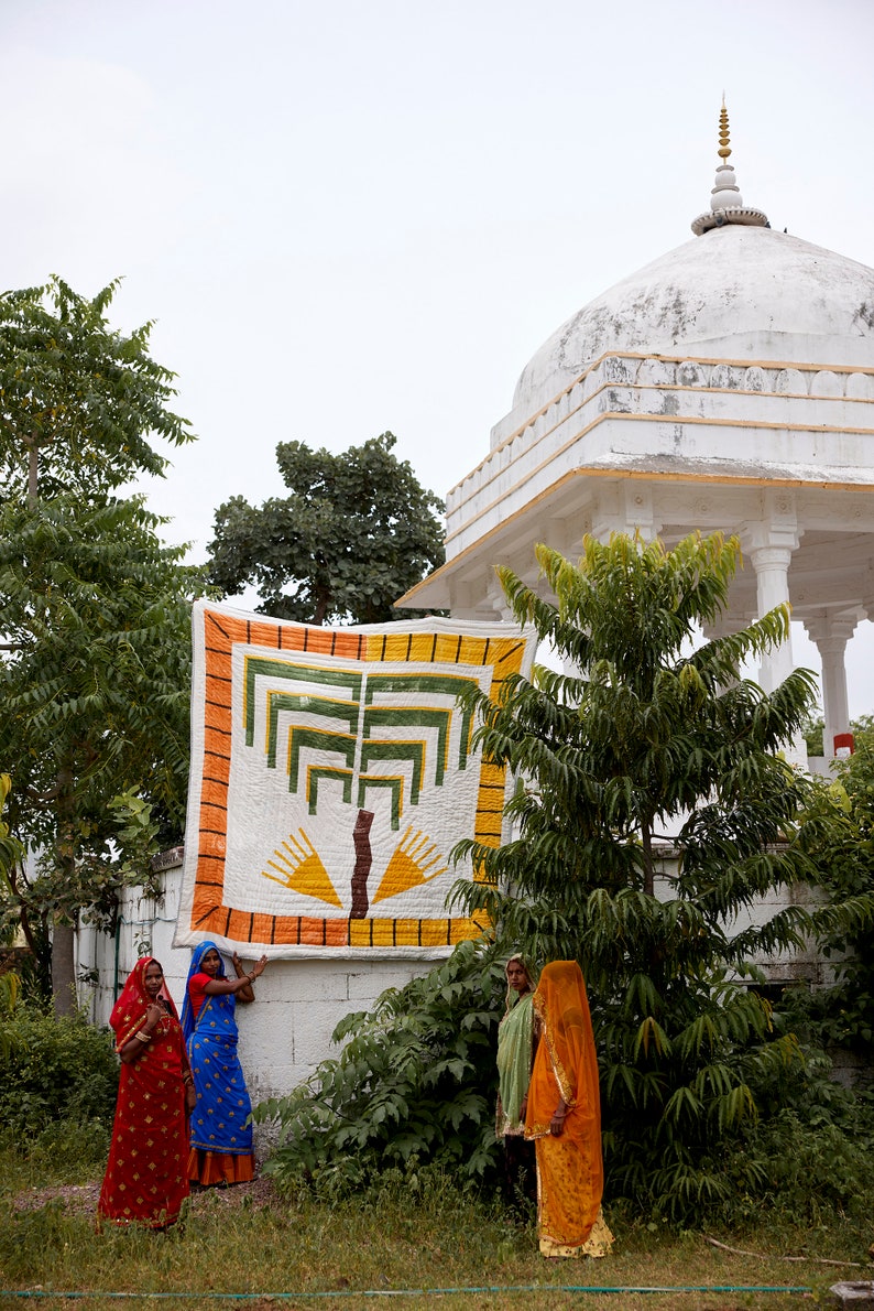 Hand-Block Printed Queen Quilt: Reversible Tiger Palm Cotton Kantha