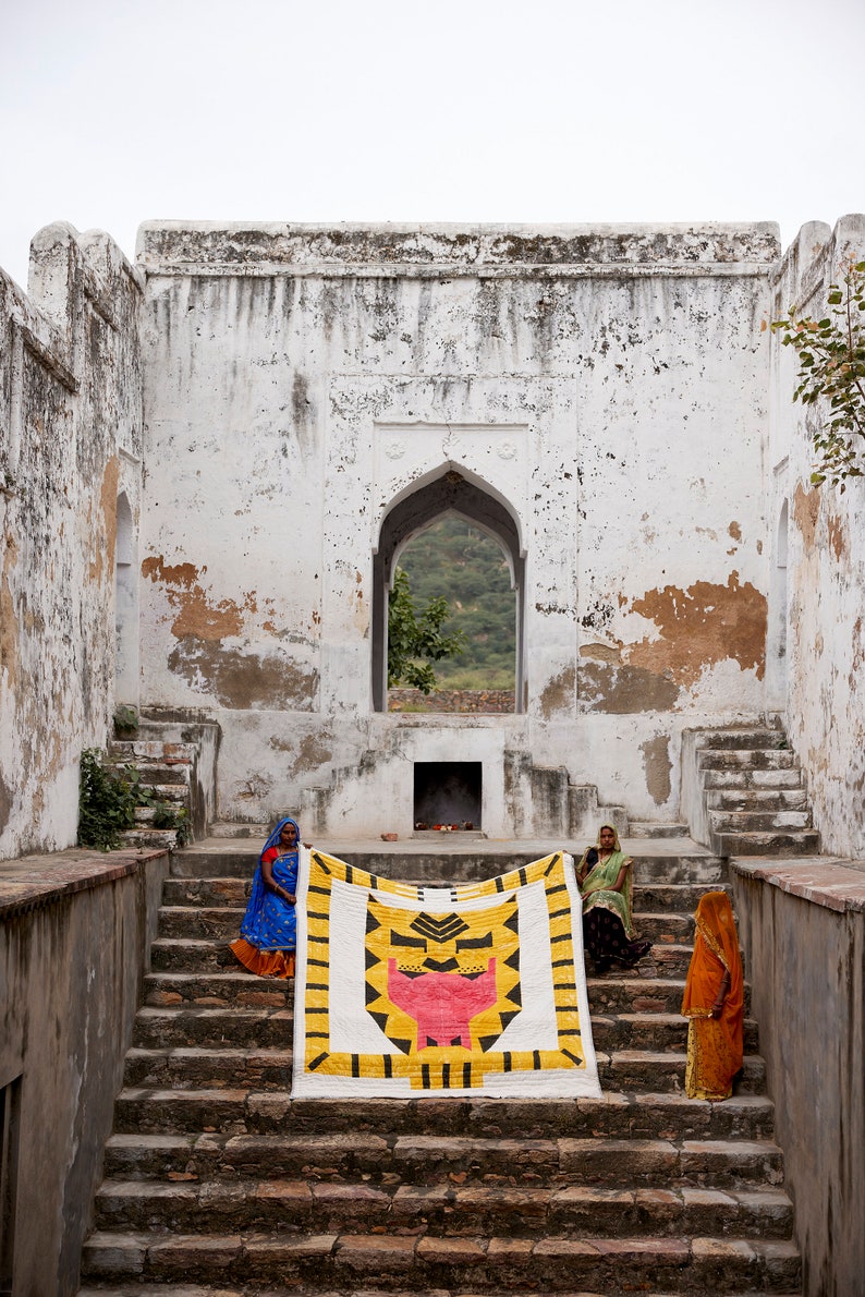 Hand-Block Printed Queen Quilt: Reversible Tiger Palm Cotton Kantha