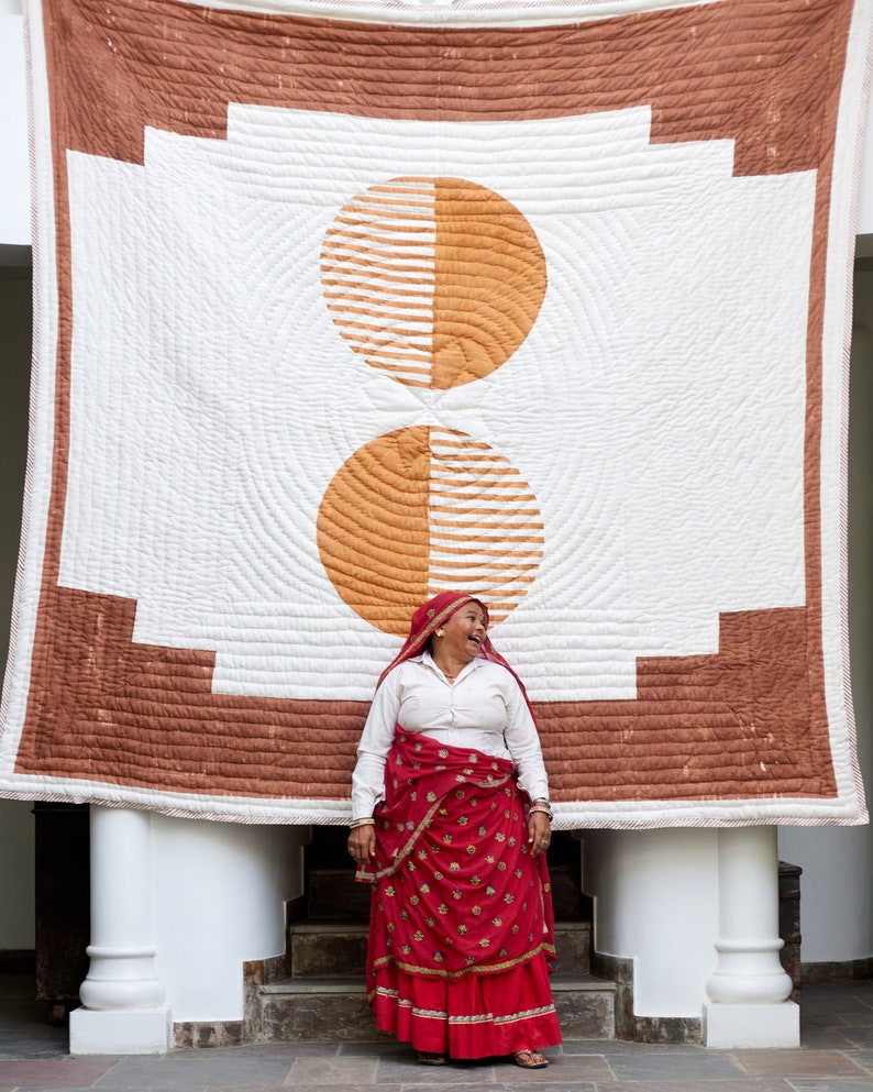 Handmade Block Printed King Quilt: Reversible Southwestern Cotton Bedspread