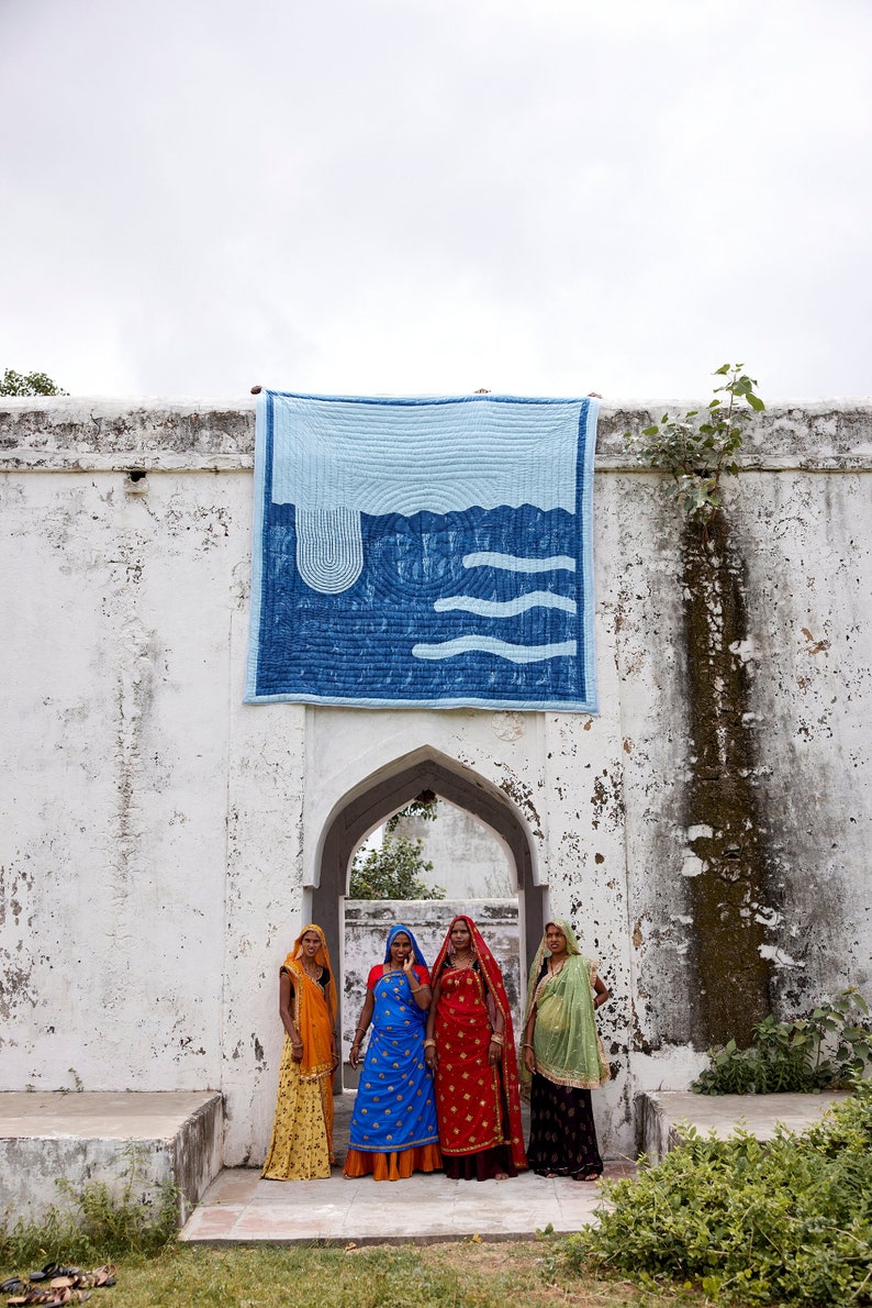 Reversible Kantha Quilt: Boho Block Print Cotton Bedspread