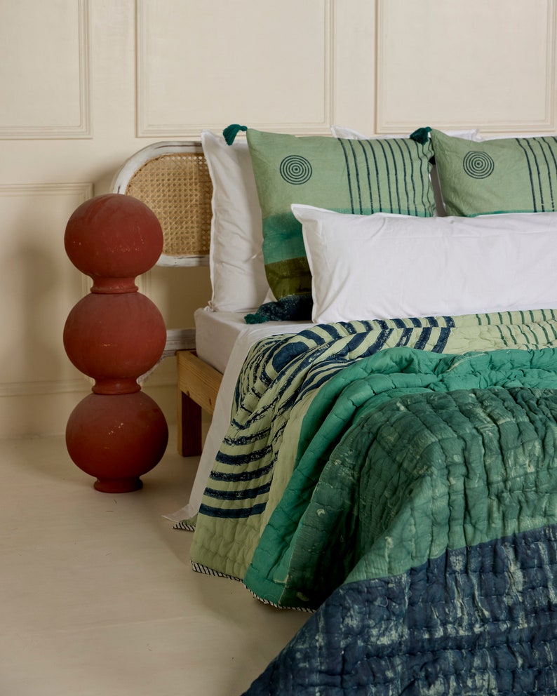 Hand-Block Printed Cotton King Quilt: Reversible Yellow Sun Bedspread