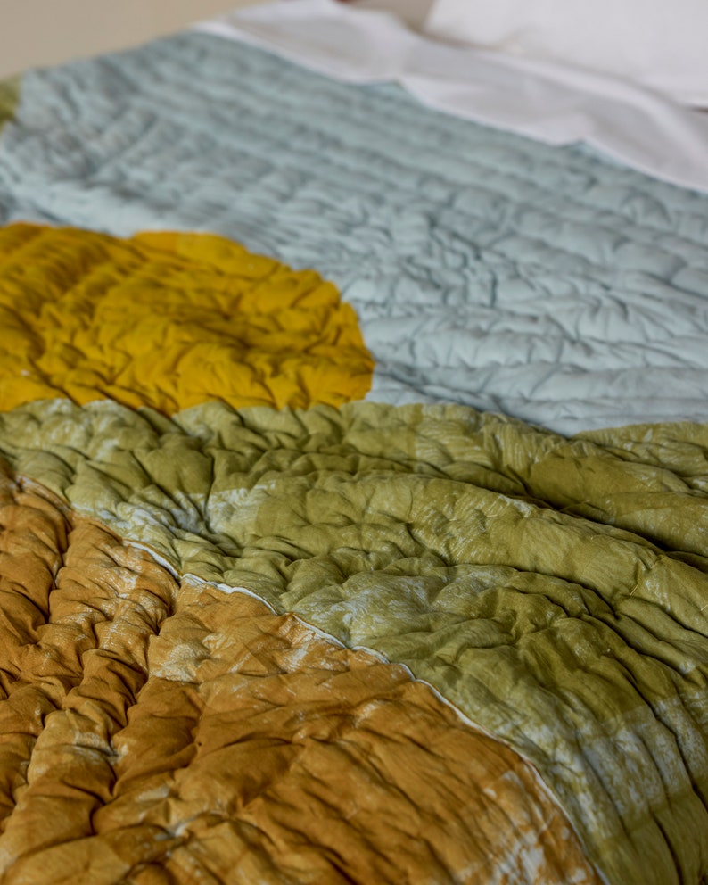 Reversible Block Printed Twin Quilt Set: Hand-Stitched Kantha Cotton Comforter