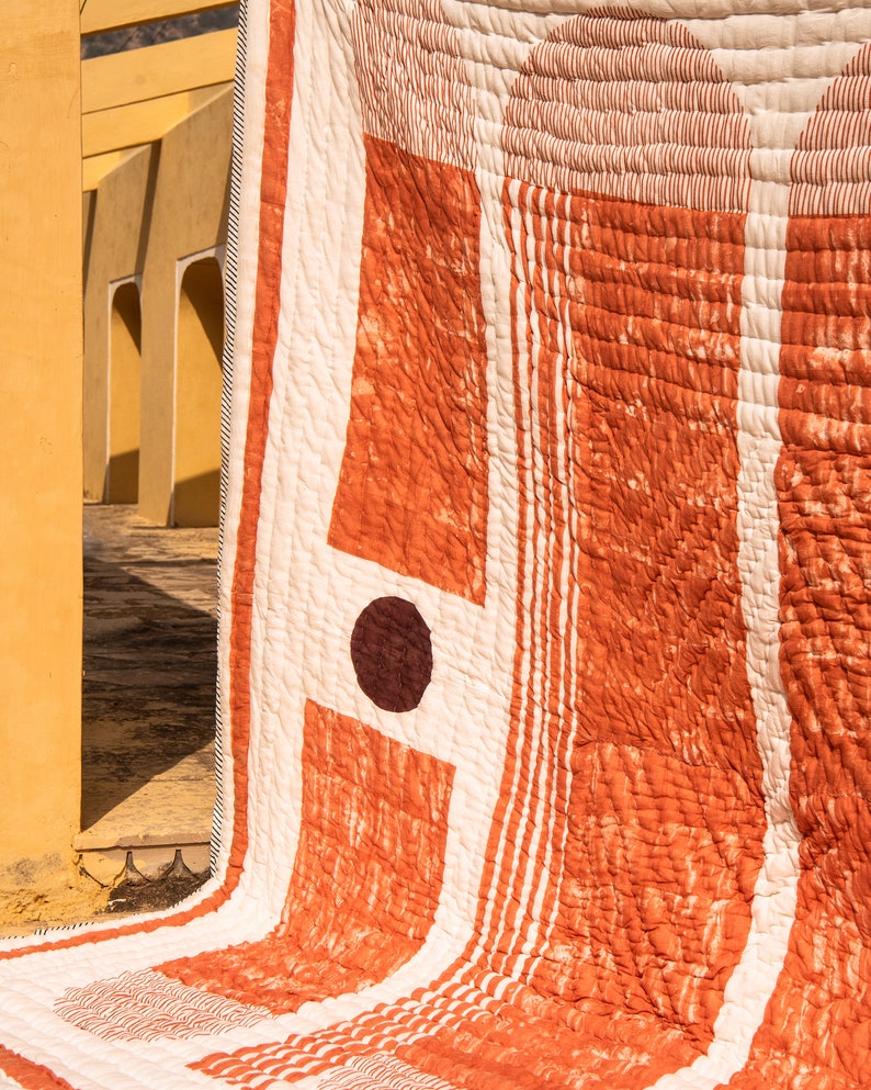 Handmade Block Printed Cotton Quilt: Reversible Twin Bedspread