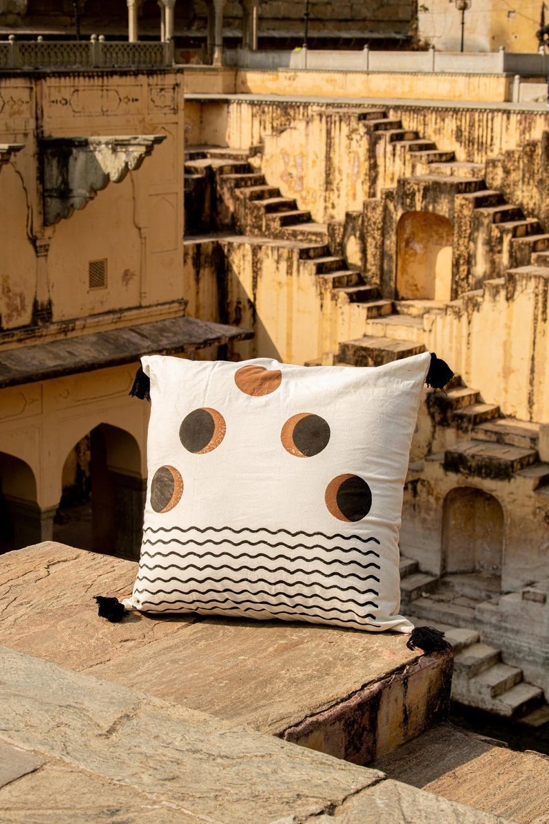 Reversible Twin Quilt: Lunar Moon Phase, Hand Block Print Cotton Bedspread