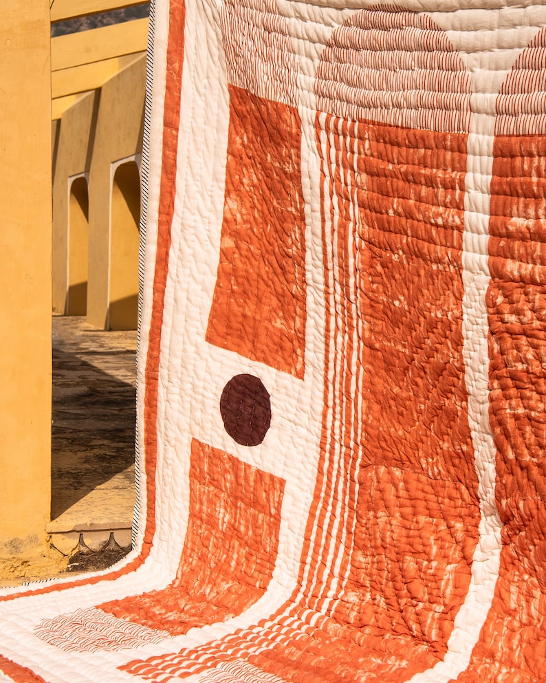Handmade Block Printed Cotton Kantha Quilt Set: Reversible Boho Bedding