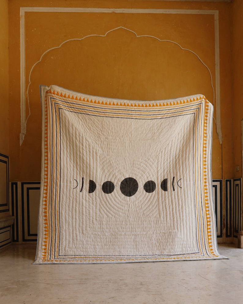 Hand-Block Printed Cotton Quilt: Sun & Moon Reversible Bedspread