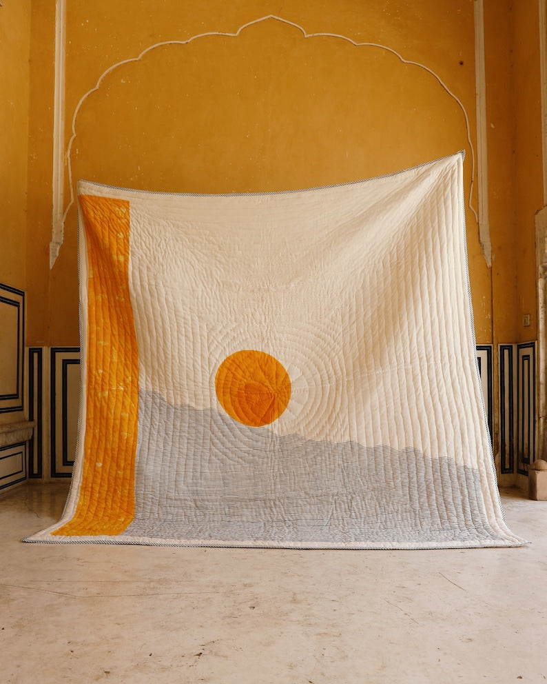 Hand-Block Print Cotton Quilt: Reversible Sun/Moon Kantha Bedspread