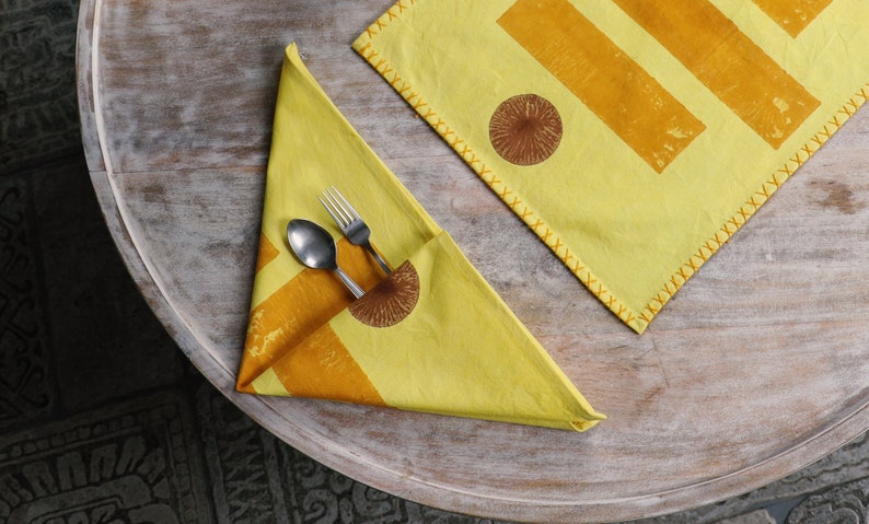 Handmade Block Printed Placemat Set: Modern Kantha Stitch Cotton Table Linens