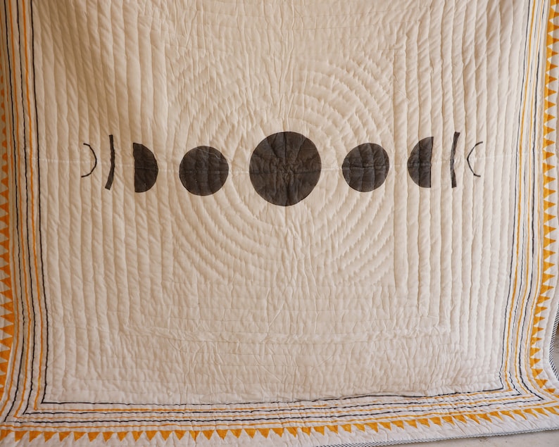 Hand-Block Printed Cotton Quilt: Sun & Moon Reversible Bedspread
