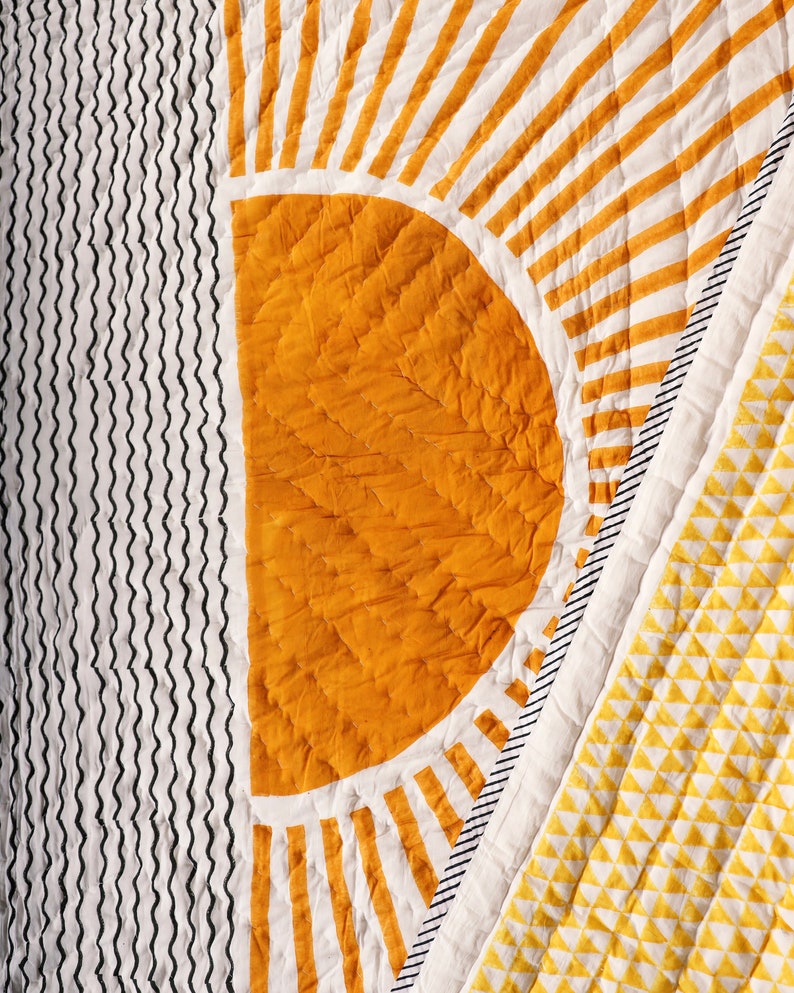 Reversible King Quilt: Hand-Stitched Kantha, Boho Sun & Star Design