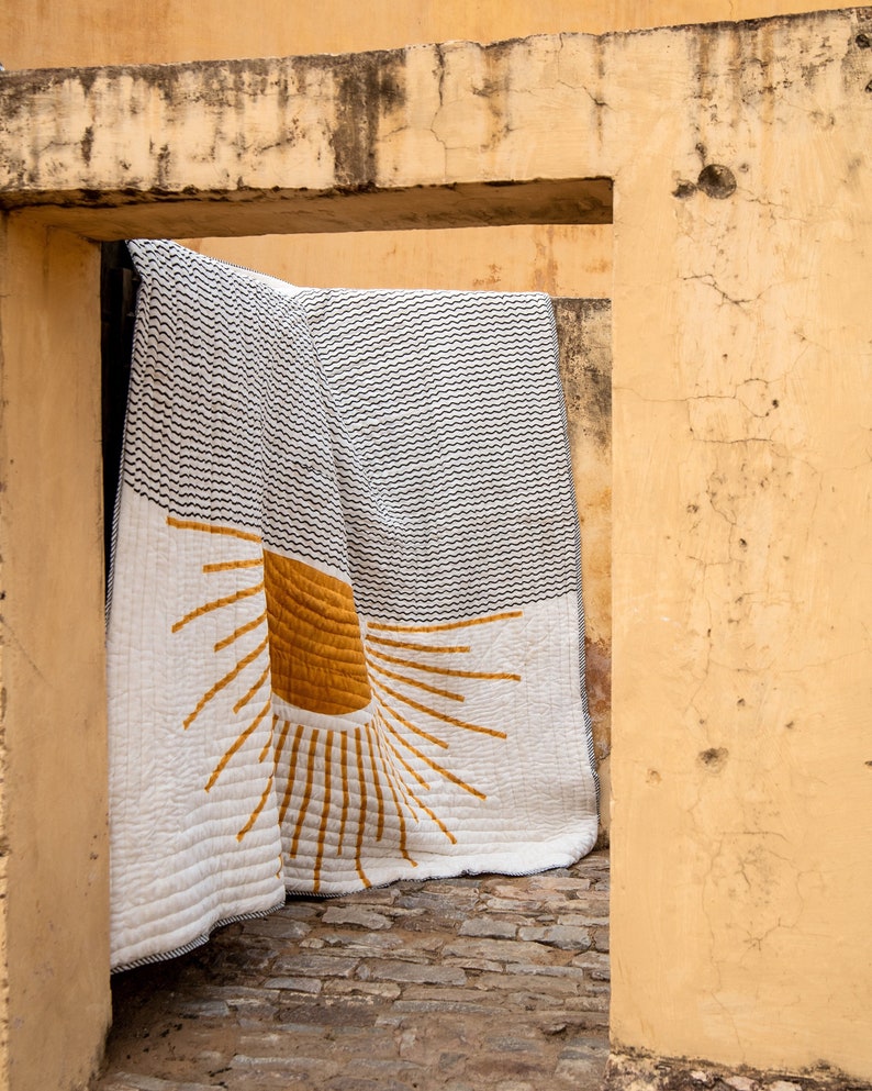 Reversible King Quilt: Hand-Stitched Kantha, Boho Sun & Star Design