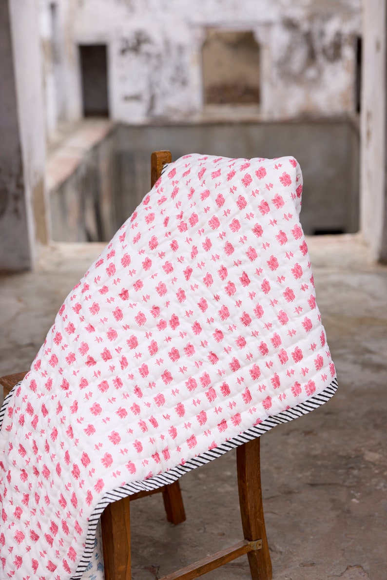 Hand-Block Printed Baby Quilt: Pink Elephants, Personalized Name, Cotton Kantha