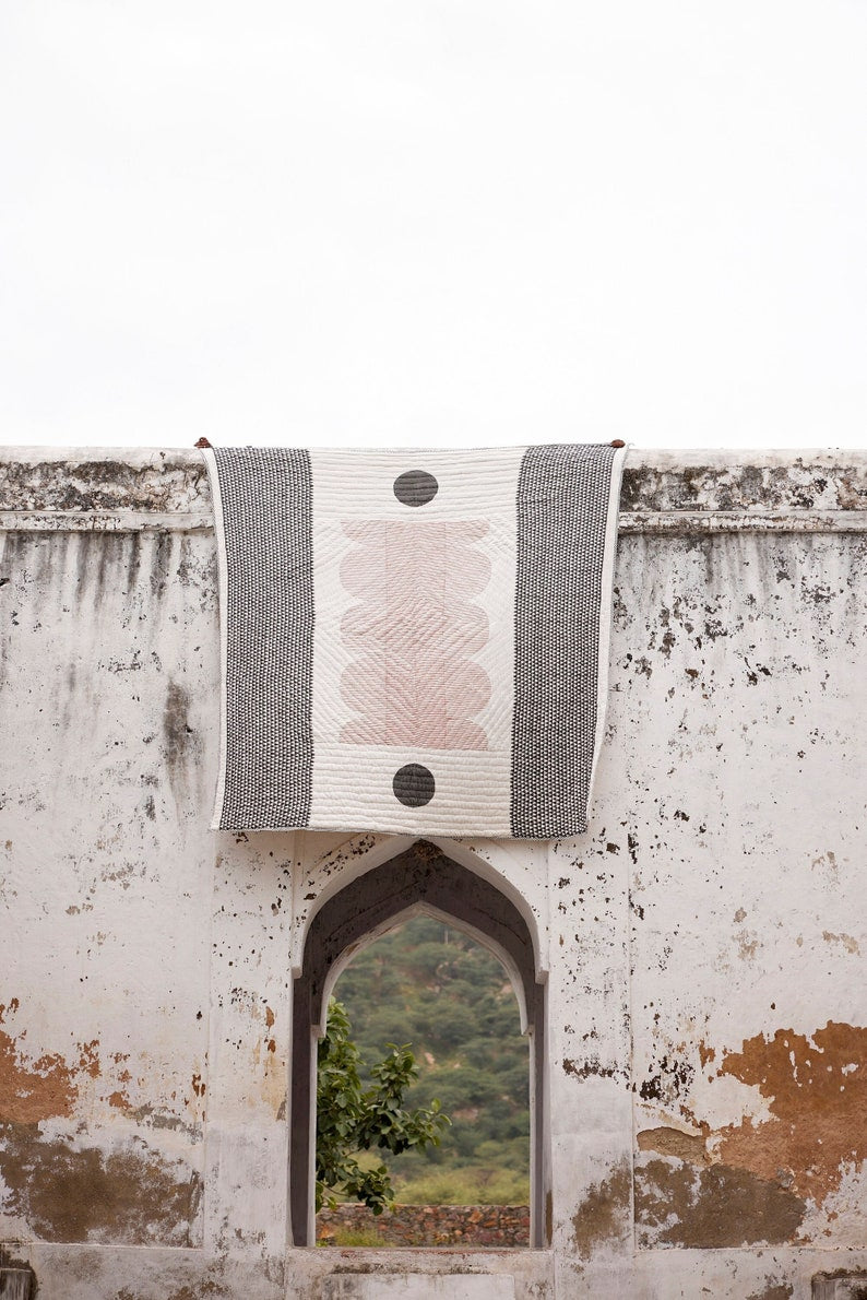 Handmade King Quilt: Reversible Block Print Kantha Blanket