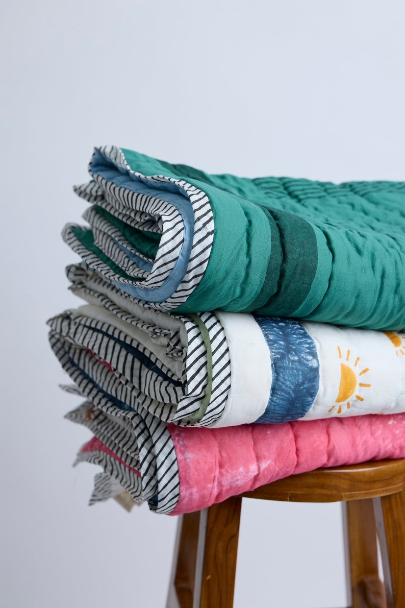 Hand-Block Printed Baby Quilt: Reversible Cotton Kantha Quilt, Personalized