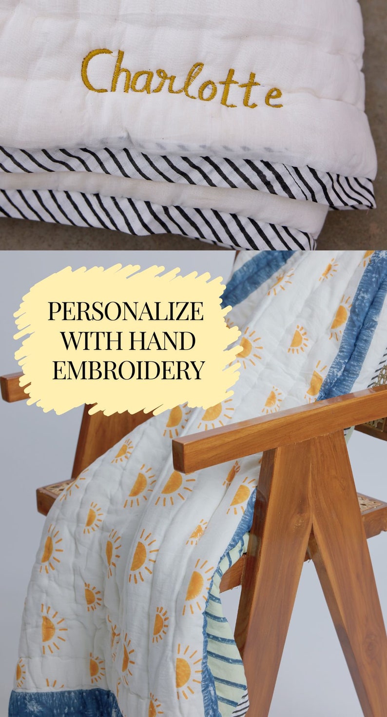 Handmade Baby Quilt: Personalized Cotton Kantha with Sun Print