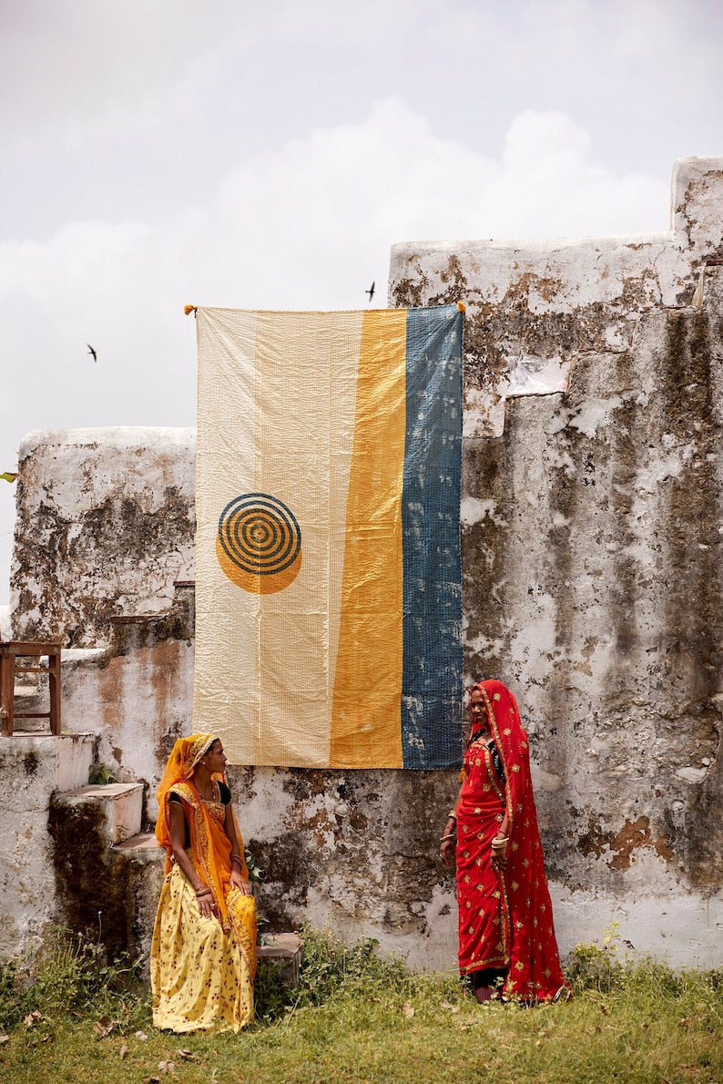 Handmade Kantha-Stitched Linen Throw: Block-Printed Boho Quilted Blanket