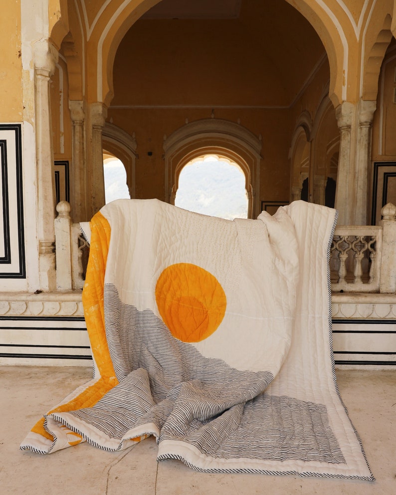 Hand-Block Print Cotton Quilt: Reversible Sun/Moon Kantha Bedspread