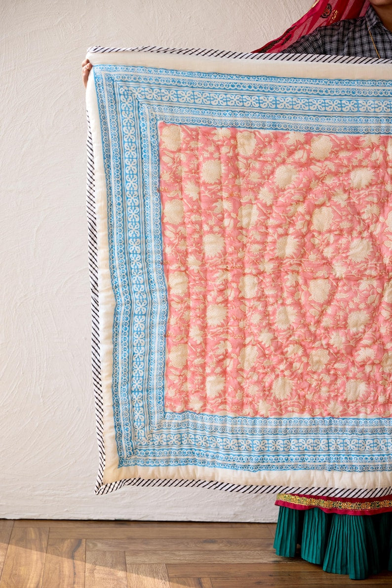 Hand-Stitched Baby Quilt: Custom Name, Floral Cotton Kantha Quilt
