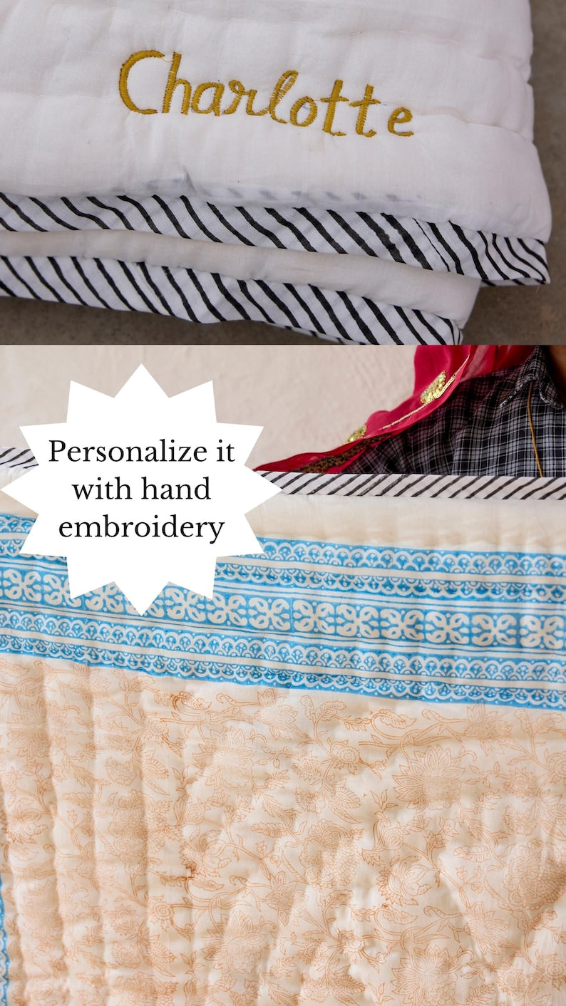 Hand-Stitched Baby Quilt: Custom Name, Floral Cotton Kantha Quilt
