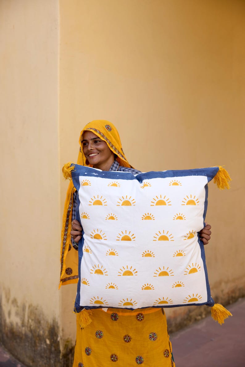 Hand-Block Printed Cotton King Quilt: Reversible Yellow Sun Bedspread
