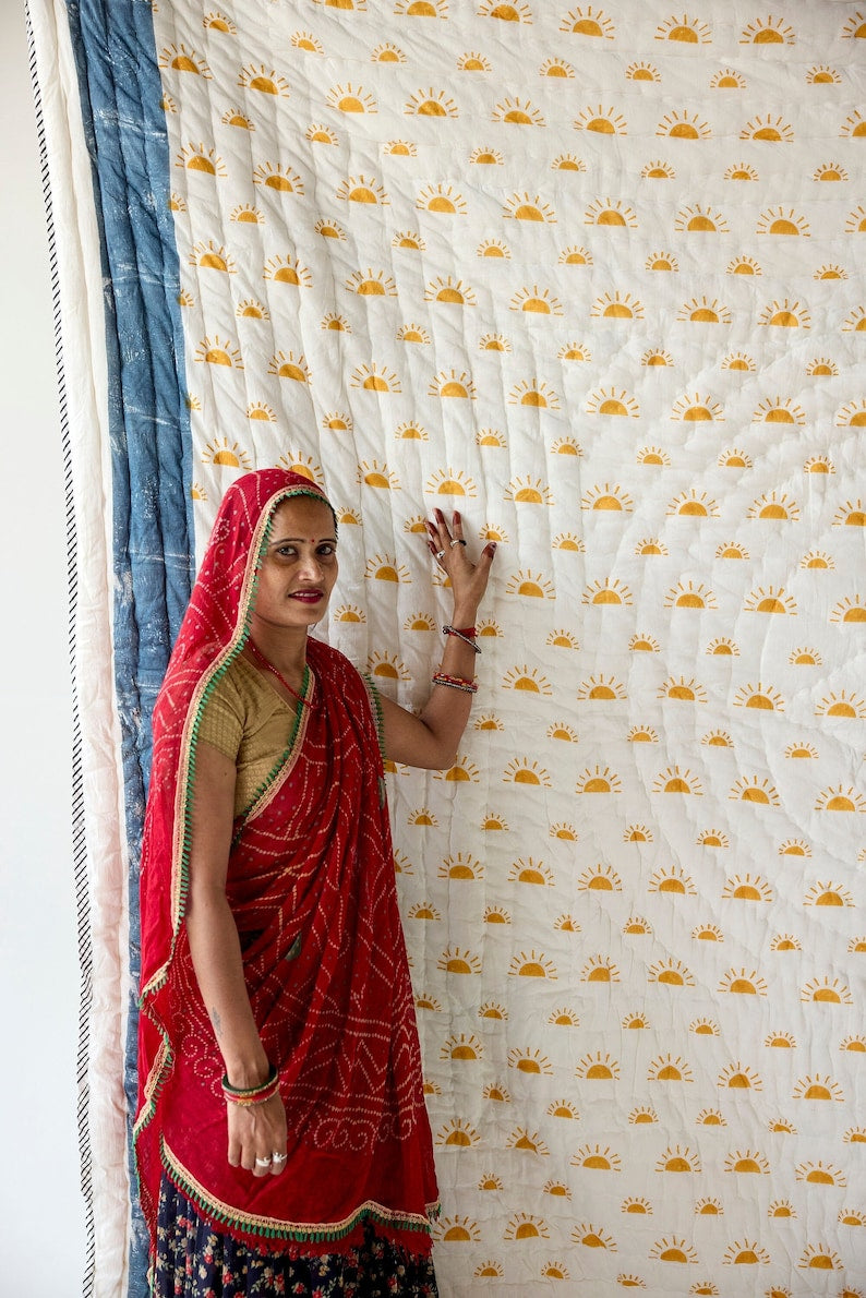 Hand-Block Printed Cotton King Quilt: Reversible Yellow Sun Bedspread