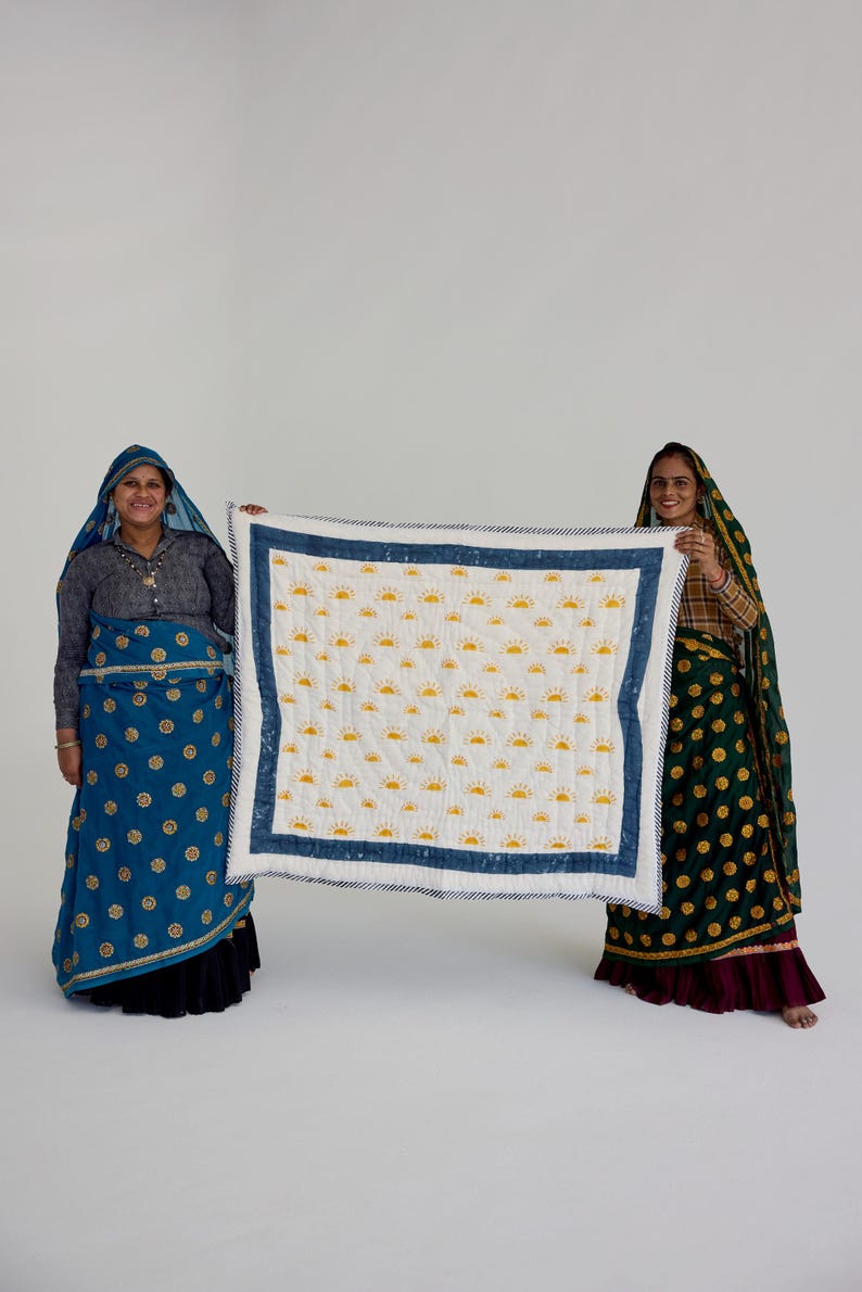 Handmade Baby Quilt: Personalized Cotton Kantha with Sun Print