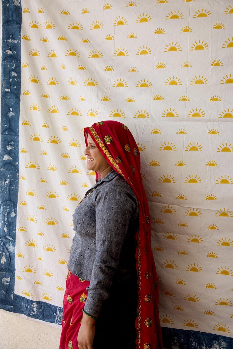 Hand-Block Printed Cotton Duvet Cover: Boho Sun, Reversible Design