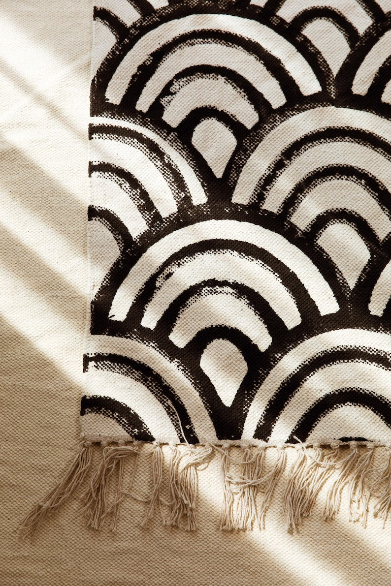 Hand Block Printed Cotton Rug: Japanese Sun & Waves, 4x6 Dhurrie