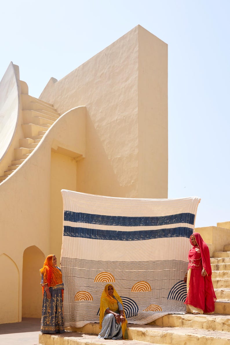 Hand-Quilted Kantha Comforter Set: Reversible Block-Printed Cotton Quilt