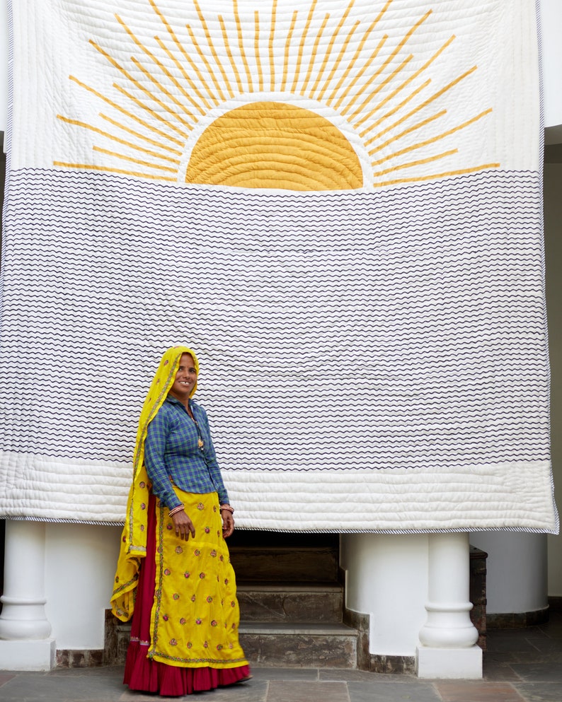 Reversible King Quilt: Hand-Stitched Kantha, Boho Sun & Star Design