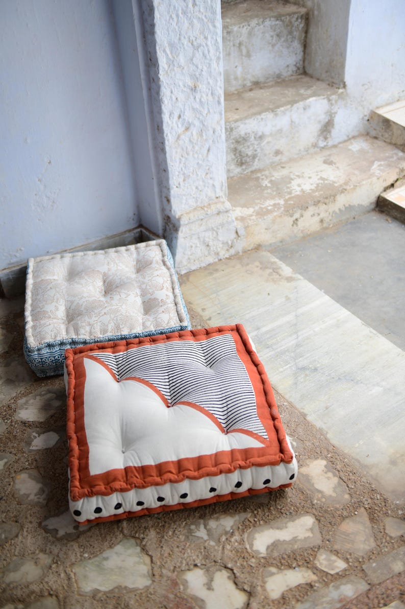 Pink Floral Floor Cushion: Hand-Block Printed Indian Cotton Pillow