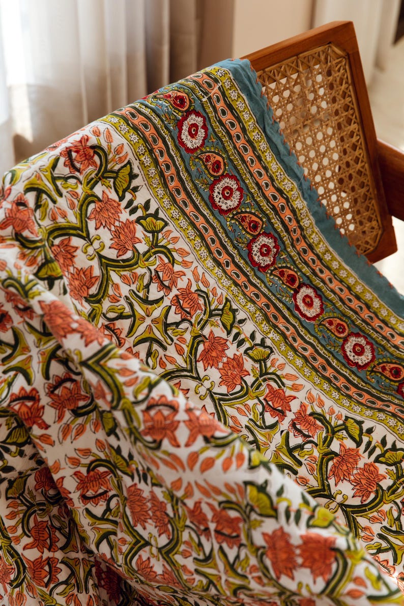 Floral Kantha Throw Blanket: Hand Block Printed Indian Cotton Quilt