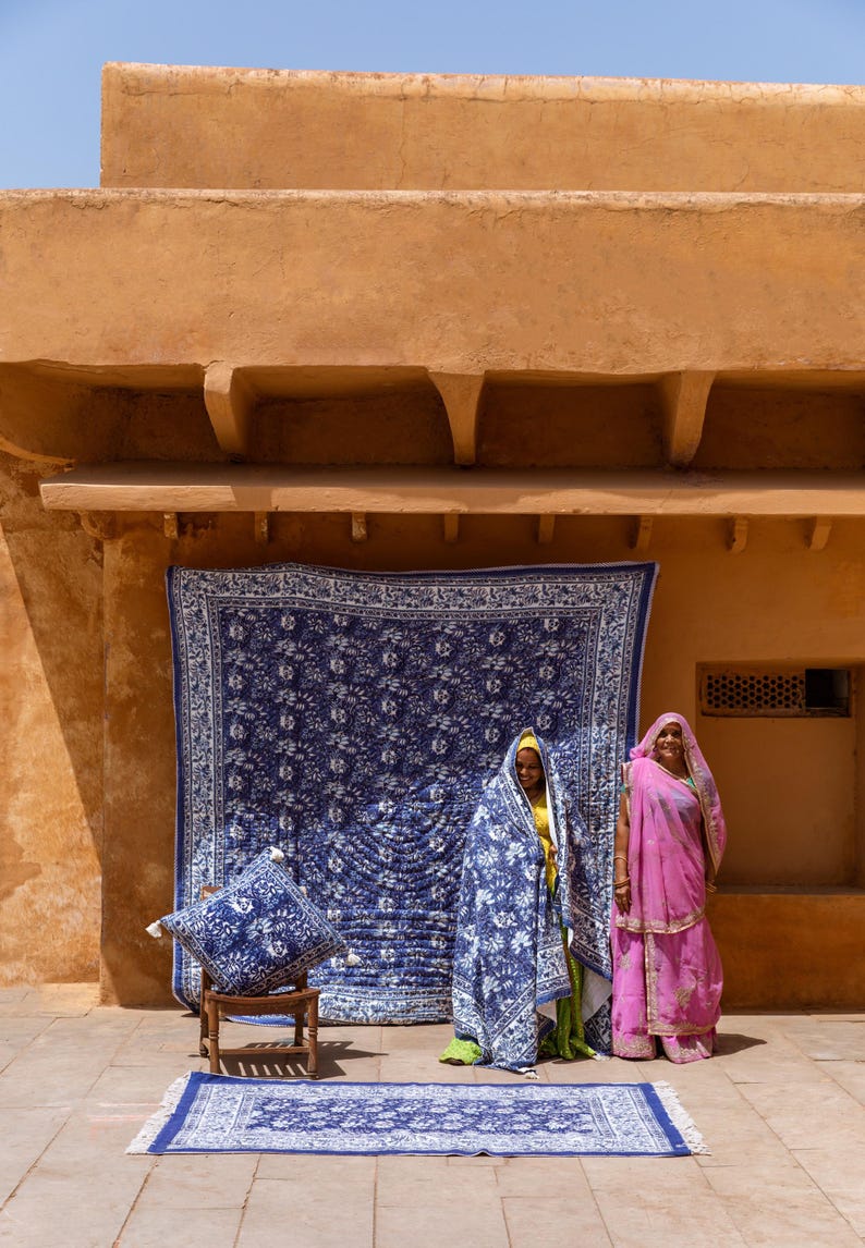 Floral Kantha Quilt Set: Reversible Block Printed Cotton Bedspread