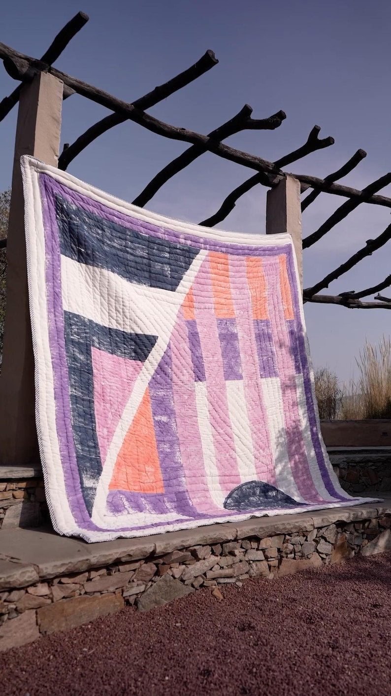 Hand-Block Printed Cotton Quilt Set: King/Queen Bedspread with Kantha Stitch