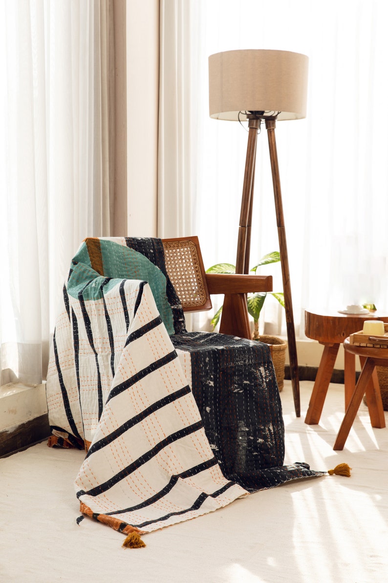 Hand-Stitched Kantha Throw Blanket: Block Print Cotton Quilt