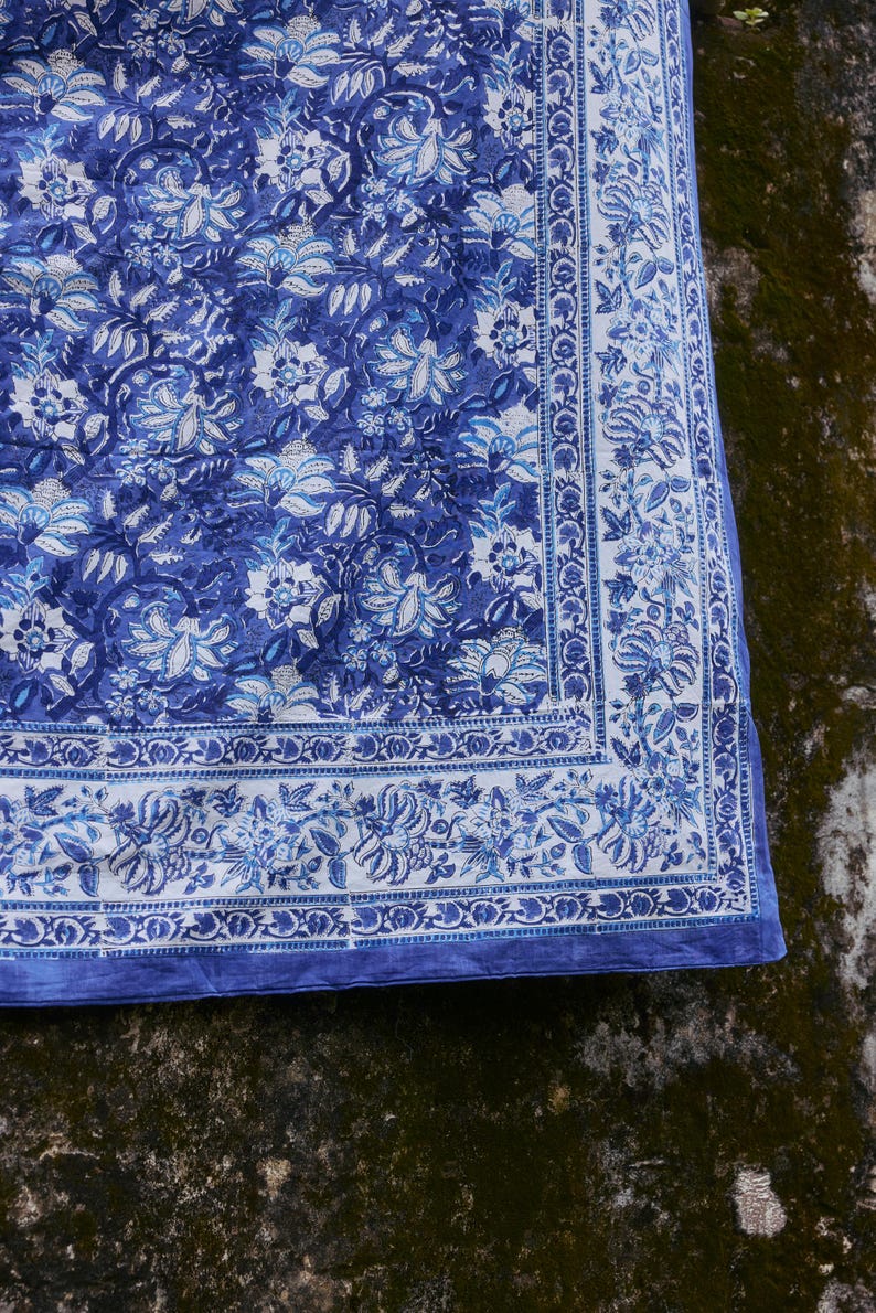 Hand-Printed Cotton Duvet Cover Set: Reversible Blue Floral Bedding