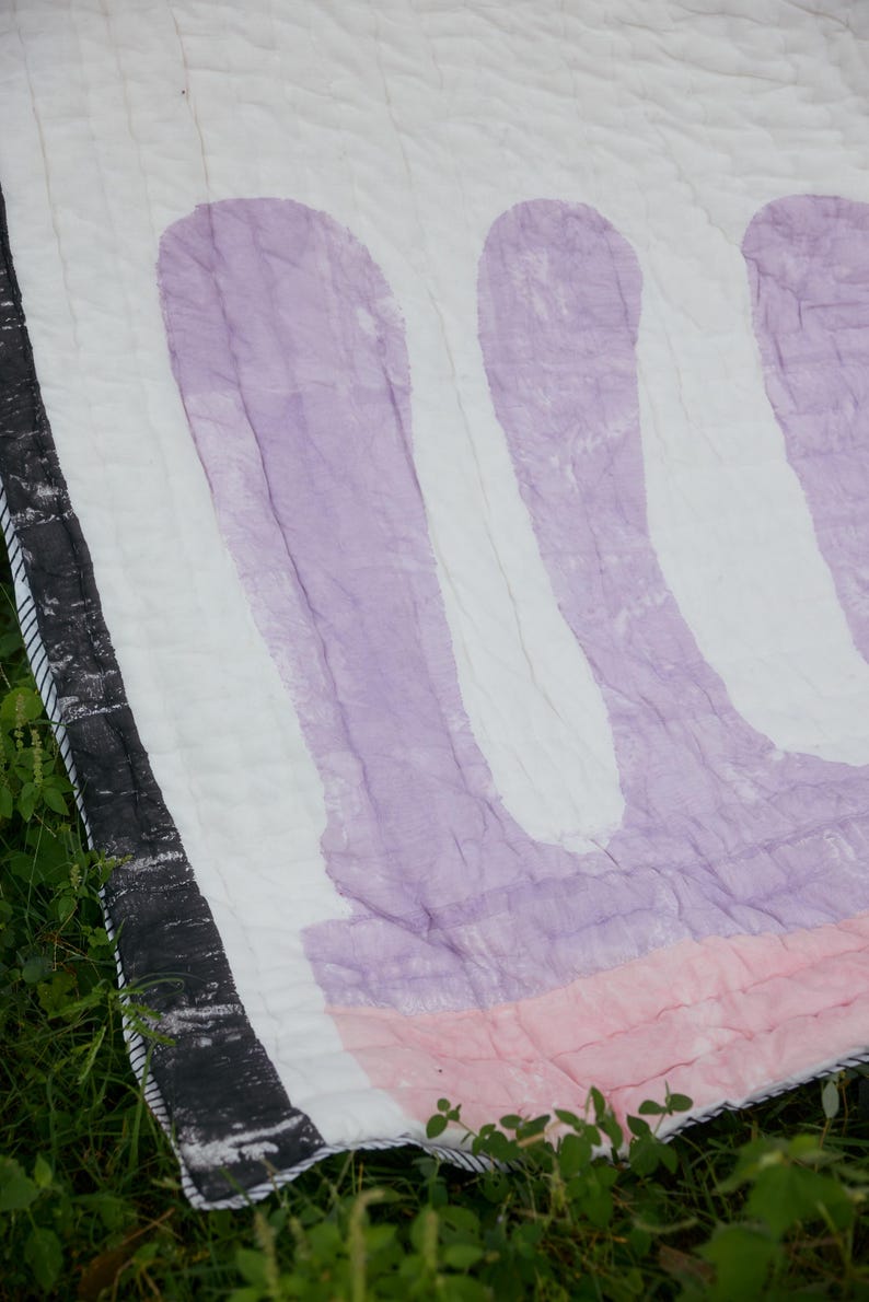 Handmade Kantha Quilt: Abstract Pink & Purple Cotton Bed Quilt