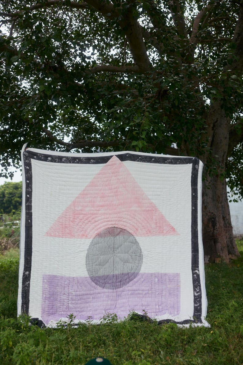 Handmade Kantha Quilt: Abstract Pink & Purple Cotton Bed Quilt