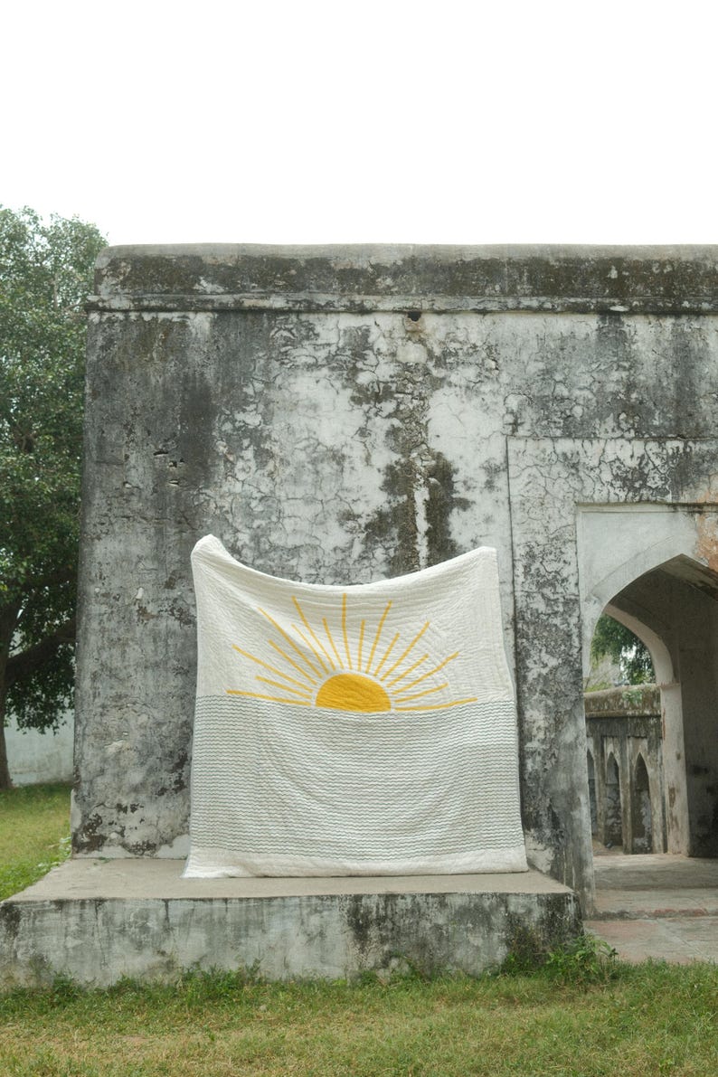 Hand Block Printed Cotton Kantha Quilt: Reversible Sunrise Sun Design