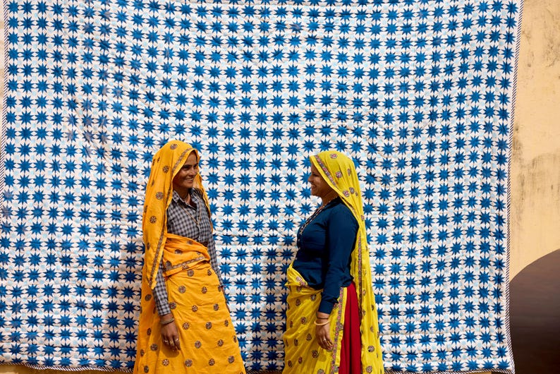 Handmade Cotton Quilt: Reversible Block Print, Blue Star Design, Indian Kantha Bedspread, Available in Twin, Queen, and King Sizes