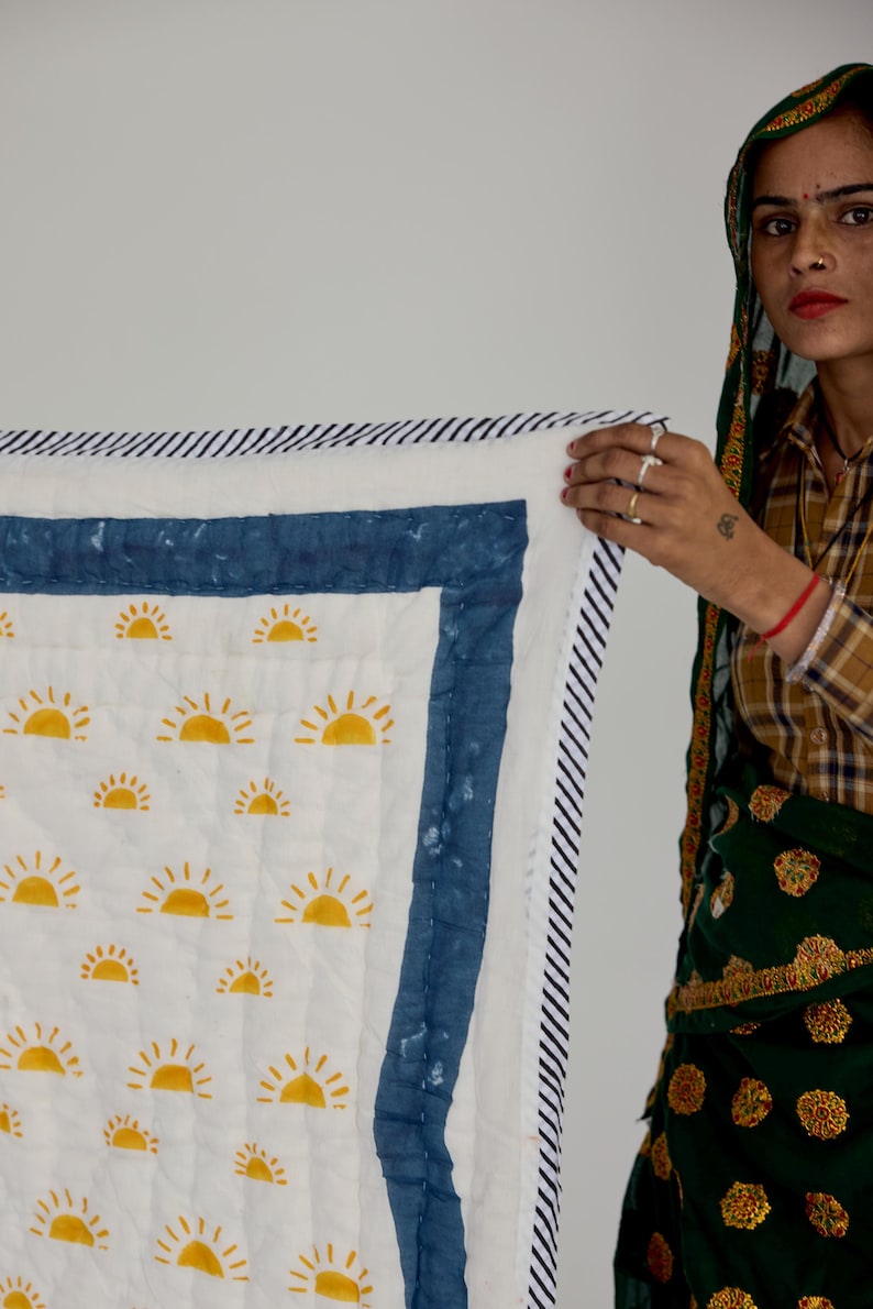 Reversible Twin XL Quilt: Handcrafted Cotton Bedspread, Yellow Sun/Blue Spiral