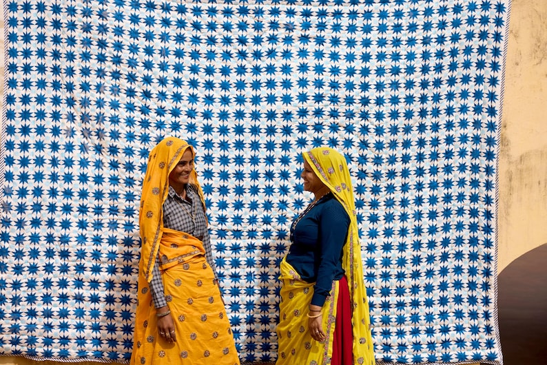 Handmade Reversible Quilt: Block Print Cotton Bedding, Purple Mountain Moon & Blue Star Design, Indian Kantha, Twin, Queen, and King Sizes