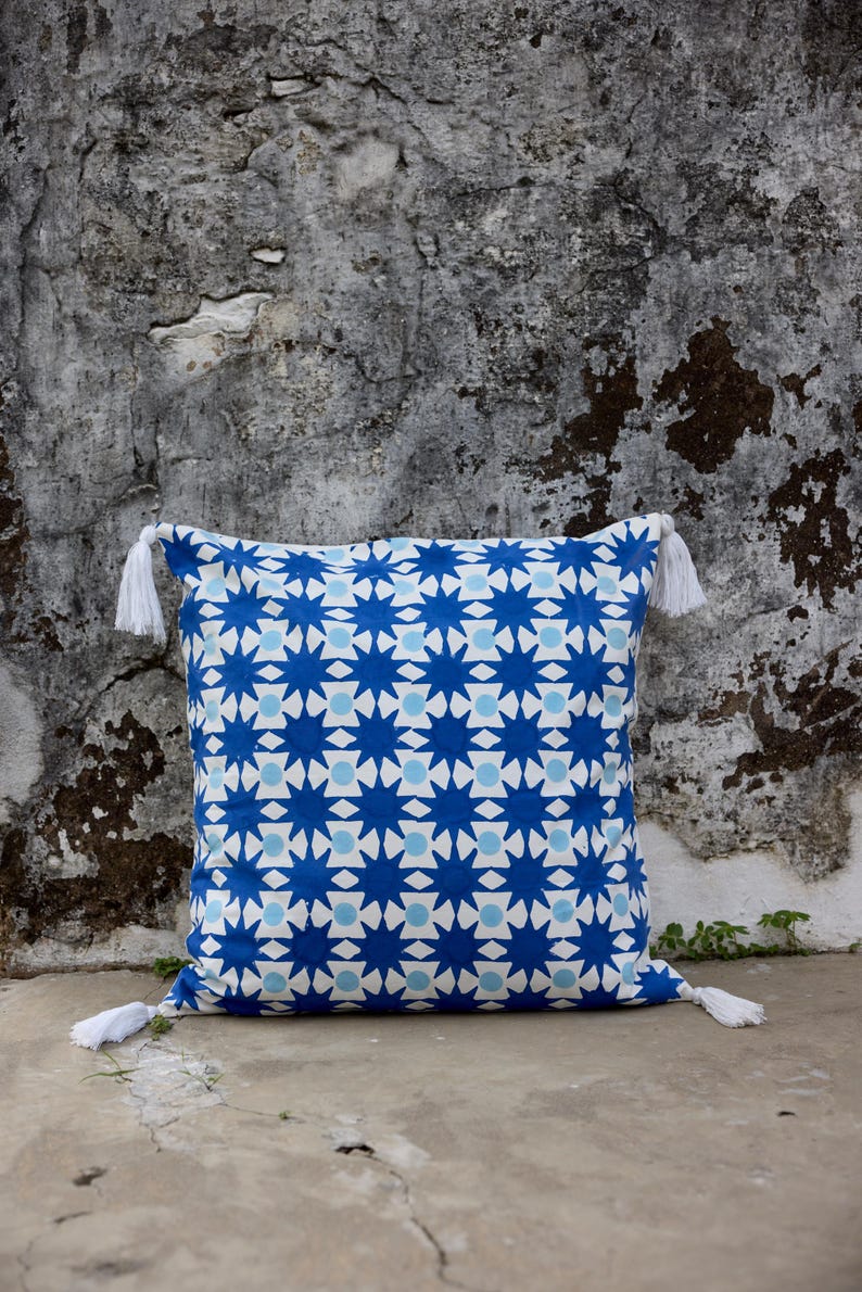Handmade Cotton Quilt: Reversible Block Print, Blue Star Design, Indian Kantha Bedspread, Available in Twin, Queen, and King Sizes