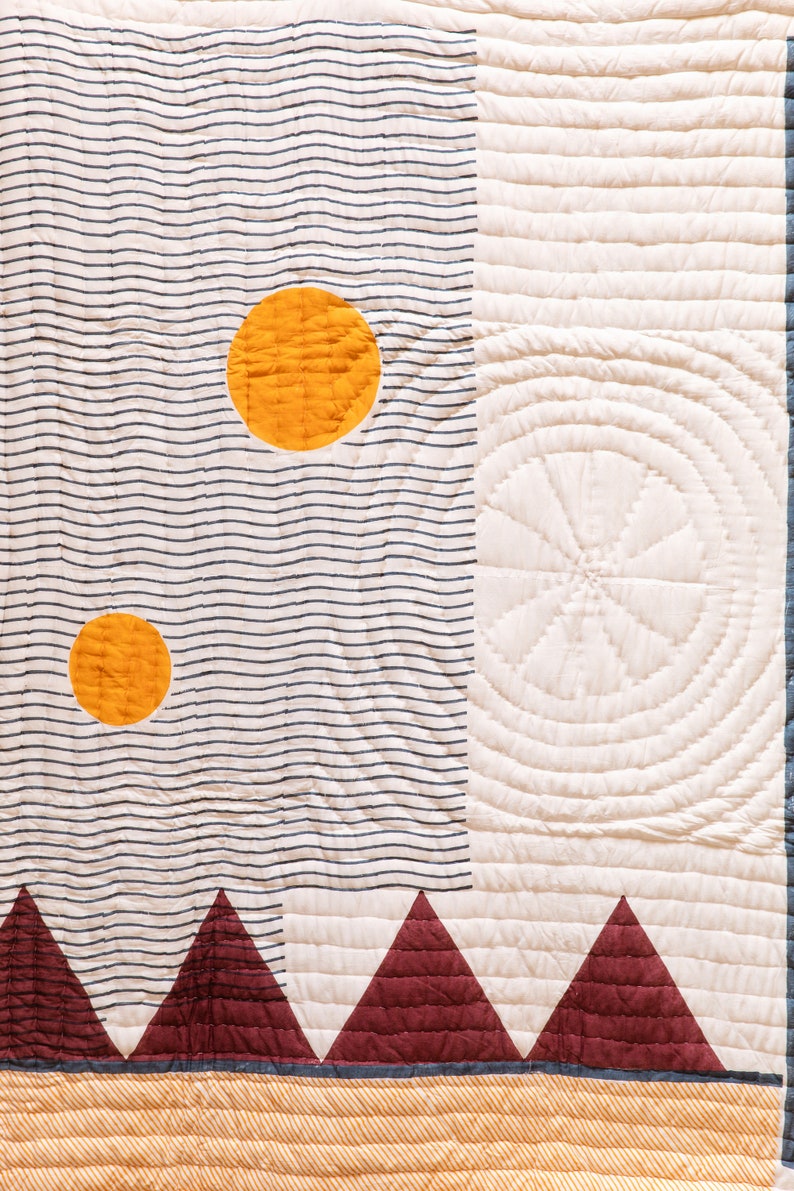Handmade Block Print Twin Quilt: Cotton Kantha Stitched Oversized XL