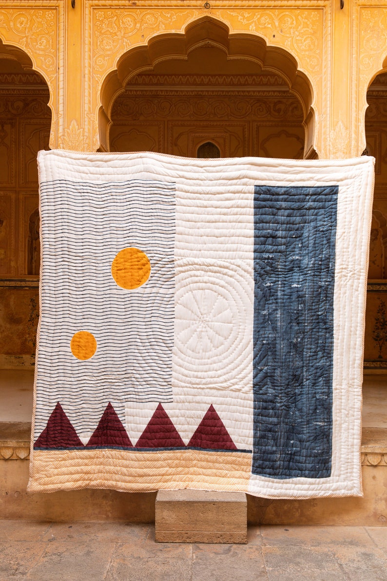 Handmade Block Print Twin Quilt: Cotton Kantha Stitched Oversized XL